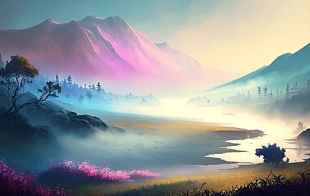 热门艺术 插图 山 风景 绘画 薄雾 自然 水 电脑 高清壁纸 4579×2616