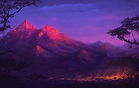 奇幻艺术 山 五颜六色 猴子 夜 树 火 风景 电脑 壁纸 5000×2828