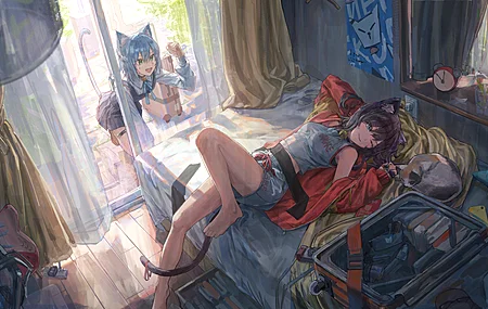 躺着 猫女孩 兽耳 动漫女孩 猫耳朵 猫尾巴 电脑 4K高清壁纸 4685×2524