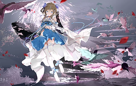 菩提武圣花 升降服 蓝眼睛 菩提 兰花 鸟 烟花 动漫女孩 电脑 壁纸 8640×4860