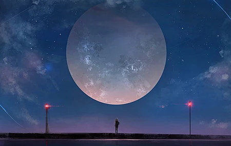 热门站立 月亮 AI艺术 星星 夜晚 黑暗 动漫女孩 电脑 壁纸 4500×2967