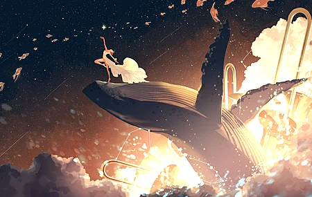 绚丽太空 宇宙 鱼 云 鲸鱼 舞蹈 服装 电脑 4K壁纸 4096×2246