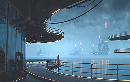 未来主义城市 绘画 倒影 云彩 灯光 科幻 海洋 水母 电脑 壁纸 12500×5717