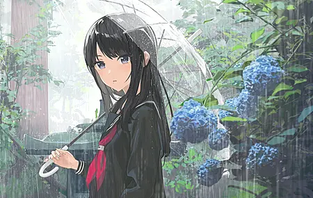 绚丽动漫女孩 雨 伞 花 校服 树叶 电脑 壁纸 4096×2836