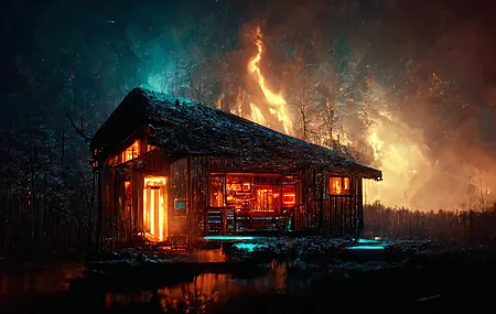 小屋 火 概念艺术 黑暗 电脑 高清壁纸 7168×4096