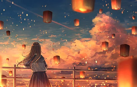黑发 花森 动漫 动漫女孩 日落 天灯 夜灯 电脑 4K高清壁纸 3992×2632