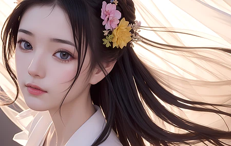 经典亚洲 女性 脸 长发 人工智能艺术 头发里的花 电脑 壁纸 6144×4096