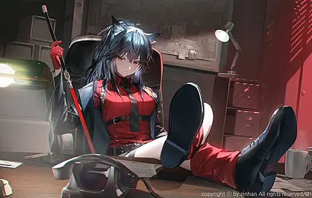 坐着 双腿交叉 狼耳朵 橙色的眼睛 长发 动漫 动漫女孩 电脑 4K高清壁纸 4096×2315