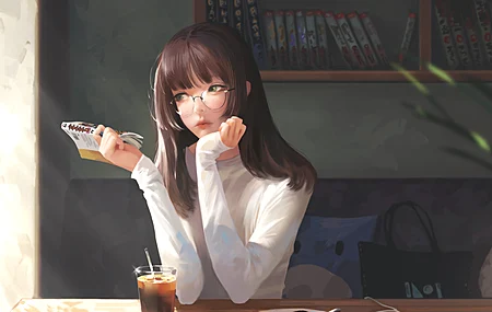 绝美原创人物 深色头发 目光移开 咖啡馆 书籍 眼镜 动漫女孩 饮料 电脑 手机壁纸 3840×2160