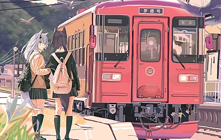 动漫 动漫女孩 火车 裙子 校服 狼女 电脑 4K高清壁纸 7016×4341