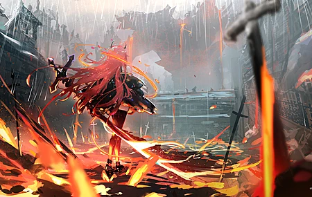 明日方舟 动漫女孩 武器 火 号角 雨 电脑 壁纸 6000×3000