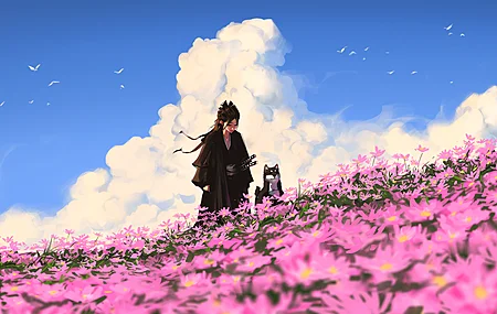 热门女性 长发 黑发 柴犬 领域 花 天空 电脑 高清壁纸 3840×2160