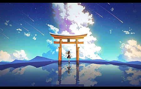 热门动漫女孩 天空 云 反射 风景 电脑 高清壁纸 3840×2160