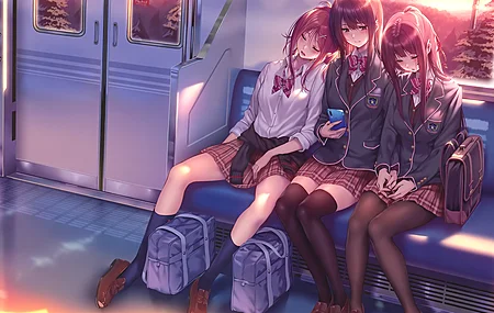 女性三人组 女性团体 动漫女孩 校服 火车 睡眠 电脑 4K高清壁纸 5049×3600