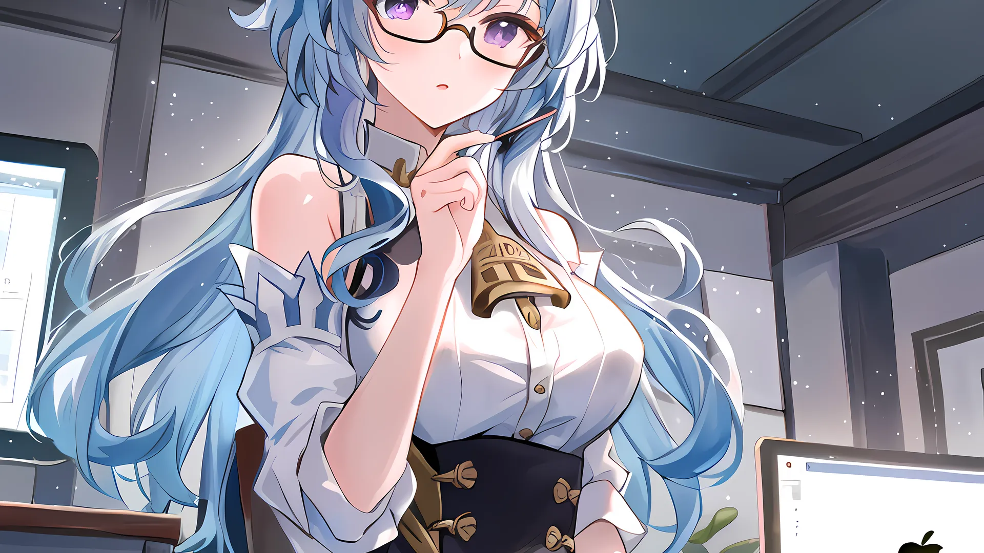 唯美蓝头发 动漫女孩 眼镜 紫眼 壁纸 4608×4608