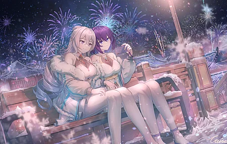 动漫女孩 动漫 白色打底裤 烟花 雪地 木凳 电脑 壁纸 3840×2160