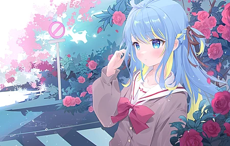 唯美动漫 动漫女孩 校服 站牌 玫瑰 雨 双色调头发 电脑 4K壁纸 5920×3330
