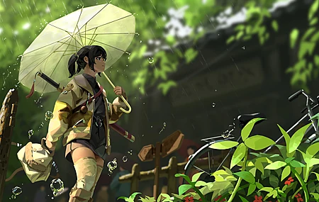 水滴 手提包 绿色 自行车 动漫 动漫女孩 植物 电脑 桌面壁纸 7680×4320