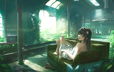 动漫 动漫女孩 沙发 树叶 啤酒 电脑 壁纸 4592×2657