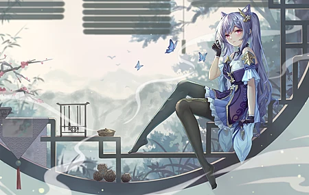 粉色眼睛 紫色头发 长发 动漫女孩 连衣裙 裤袜 电脑 4K壁纸 3840×2160