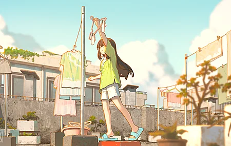 洗衣 动漫女孩 天空 云 植物 建筑 衣服 电脑 壁纸 5255×2957