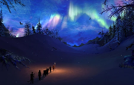 雪 奇幻艺术 夜晚 风景 长老卷轴 天际 极光 电脑 壁纸 3840×2160