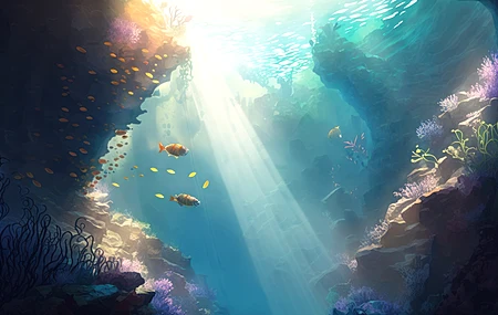 艺术 水下 数码绘画 珊瑚礁 水中 鱼 动物 阳光 电脑 4K壁纸 4579×2616