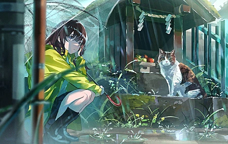 动漫 动漫女孩 猫 雨 伞 电脑 壁纸 3840×2160