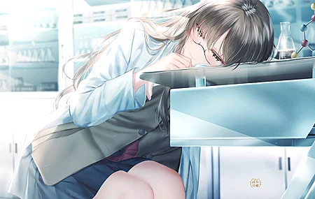 高清动漫女孩 实验室 动漫 眼镜 电脑 桌面壁纸 4096×2756