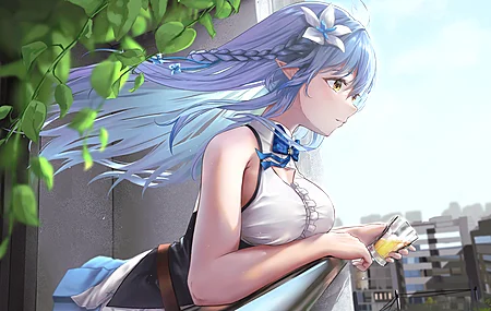 蓝色头发 长发 全息 远望 黄色眼睛 动漫女孩 兽耳 电脑 壁纸 3840×2160