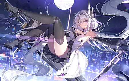 长发 动漫 动漫女孩 长袜 月亮 夜晚 天空 城市 城市灯光 星星 电脑 4K壁纸 5345×3007