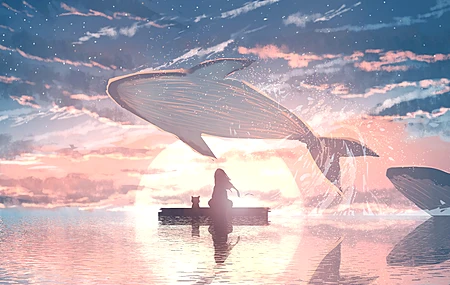 海 动漫女孩 夕阳 鲸鱼 水 云 动物 电脑 4K壁纸 4000×2526