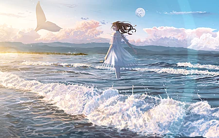 绚丽放逐 黑发 动漫 动漫女孩 海滩 连衣裙 电脑 手机壁纸 4000×2250