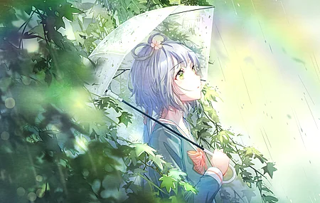 绿眼睛 目光移开 动漫 动漫女孩 雨伞 雨 电脑 壁纸 5120×2880