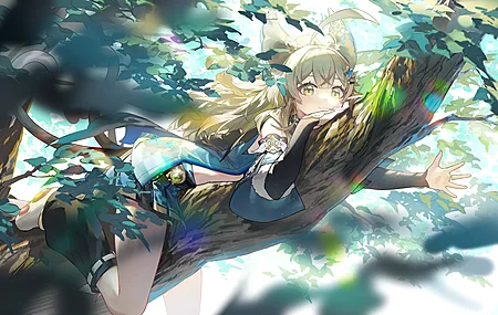 猫咪女孩 长发 躺在前面 微笑 原神 树阳光 猫尾 电脑 壁纸 4800×2700