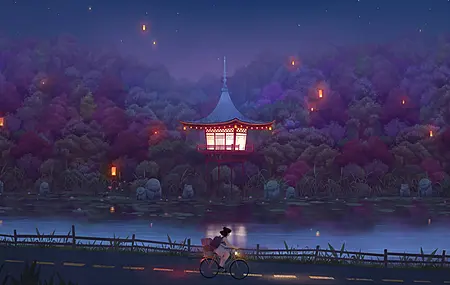亚洲建筑 湖泊 道路 自行车 灯笼 森林 夜晚 电脑 无水印壁纸 4096×2304