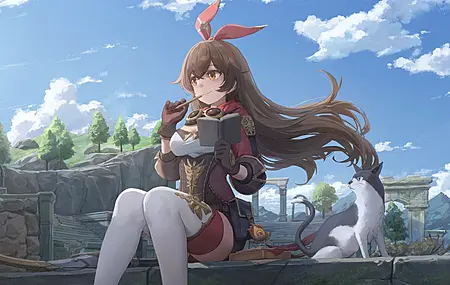 绝美坐着 黑发 长发 原神 琥珀 动漫女孩 棕色眼睛 猫 电脑 壁纸 4096×2304