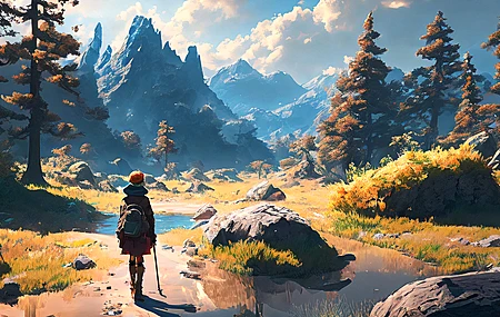 经典艺术 风景 AI艺术 插图 自然 山脉 树木 水 背包 电脑 壁纸 3840×2160