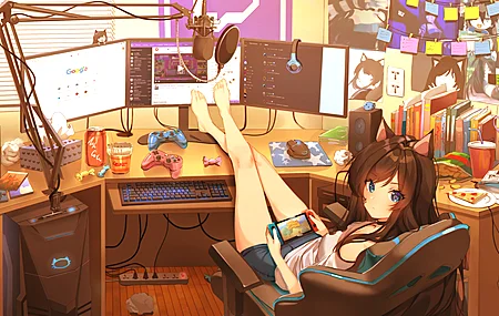 长发 动漫女孩 猫耳朵 黑发 计算机 键盘 电脑 4K高清壁纸 3840×2160