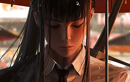 经典黑发 原创人物 奇幻女孩 马尾辫 闭眼 雨 伞 素描 肖像 电脑 无水印壁纸 6000×3753