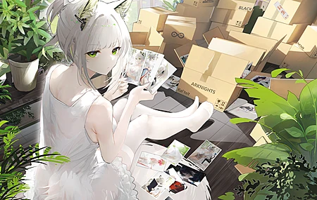 绚丽绿眼睛 白发 猫咪女孩 动漫 动漫女孩 猫耳 植物 卡西 电脑 4K壁纸 4400×3198