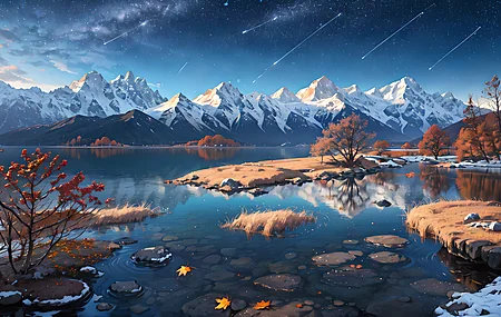 艺术 雪峰 水 白雪覆盖 山 枫叶 雪 自然 倒影 树 叶 天空 星星 星夜 电脑 4K高清壁纸 3840×2160