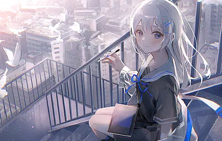 绝美小鱼 蓝眼睛 动漫 动漫女孩 城市风光 银发 电脑 壁纸 4083×2870