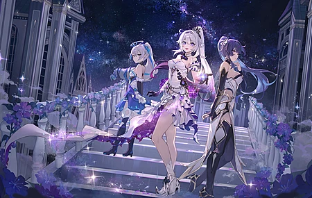 女子三人组 马尾辫 长发 原神 动漫 动漫女孩 电脑 壁纸 8000×4500