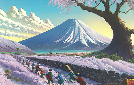 绘画 AI艺术 山 树 艺术 樱花 风景 云 富士山 天空 电脑 无水印壁纸 3840×2160