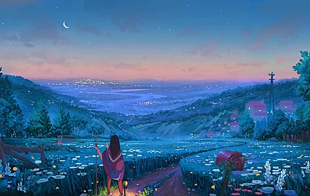 女人 晚上 草 月亮 树 路 AI艺术 电脑 4K高清壁纸 3840×2160
