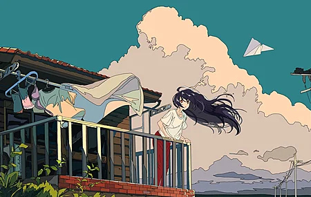 云 天空 布 建筑 阳台 动漫女孩 电脑 4K高清壁纸 3888×2187