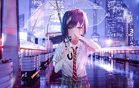 高清紫色的头发 站着 嘴上的手 动漫 动漫女孩 领带 雨伞 户外 电脑 桌面壁纸 3840×2160