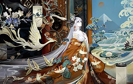 抬头 动漫 动漫女孩 和服 动物 鹅 蛇 花 浪 山 电脑 高清壁纸 7432×4290