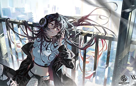 原创人物 长发 深色头发 蓝眼睛 动漫女孩 耳机 电脑 高清壁纸 4096×2304